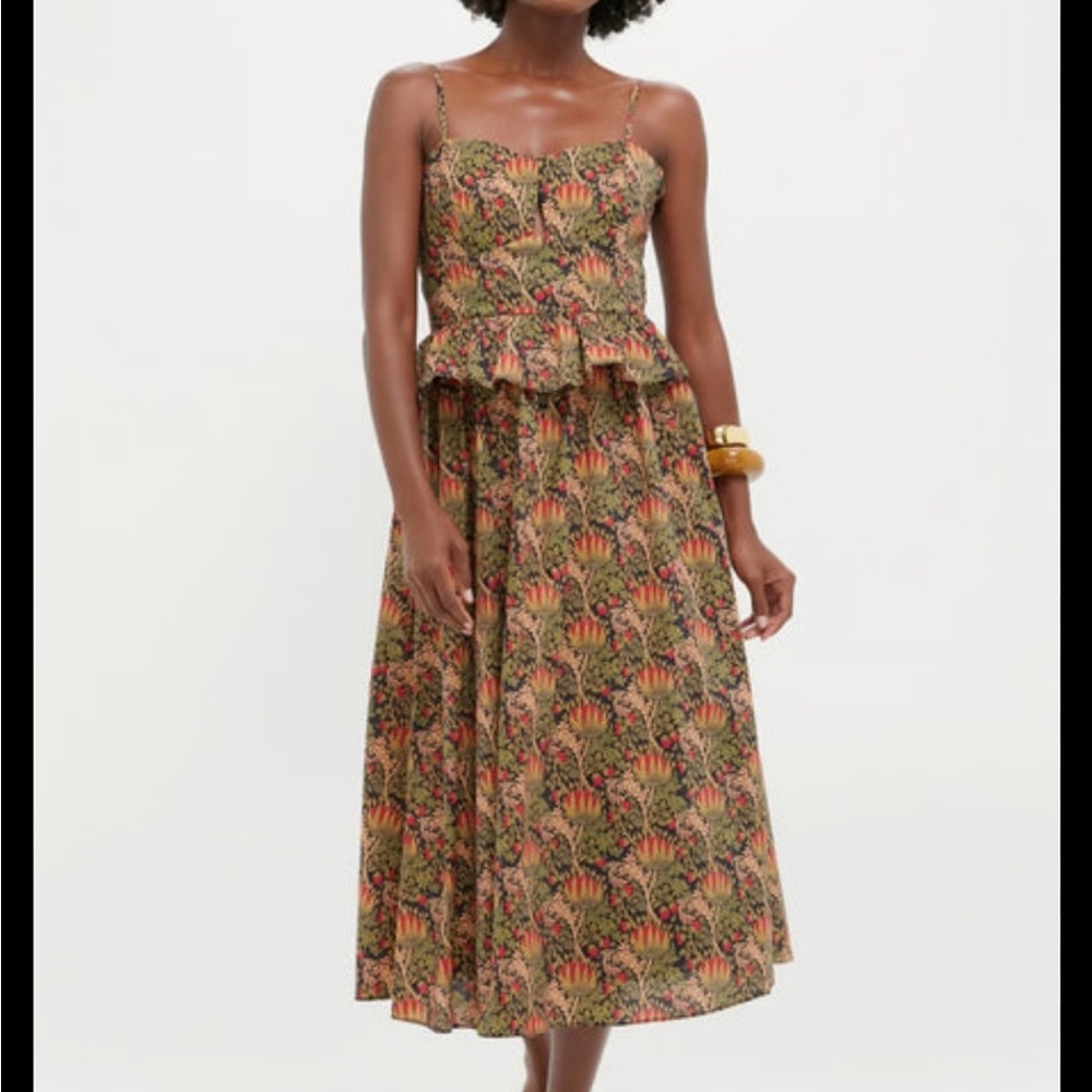 Floral Print Midi Dress with Peplum Waist - Brown/Olive
